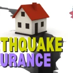 House protected by an earthquake insurance shield during tremors, symbolizing home and financial security.